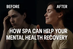 Before-and-after photo of a woman showing the impact of spa on mental health recovery. On the left she appears stressed and tired, while on the right she looks calm and peaceful. Text overlay reads: How Spa Can Help Your Mental Health Recovery.