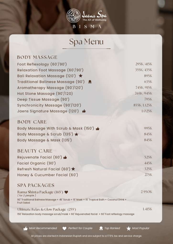 Spa Menu - Jaens Spa Bisma