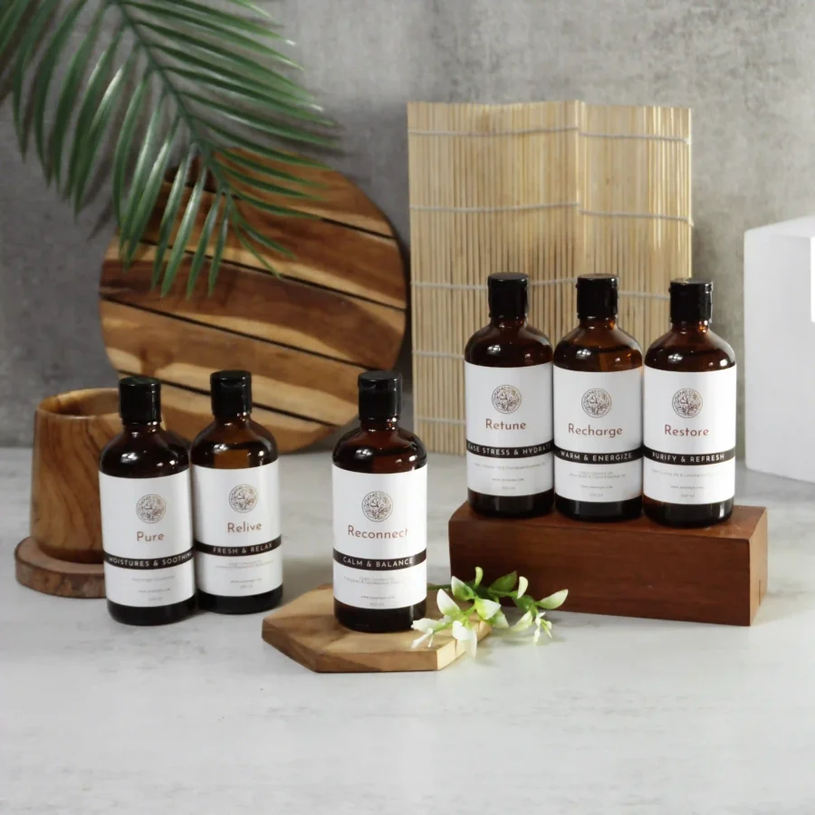 Premium aromatherapy and body care products used at Jaens Spa Ubud